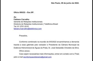 Deputado Federal, Paulo Teixeira, intervém junto à Telefônica em busca de soluções para os problemas de comunicação de Águas da Prata